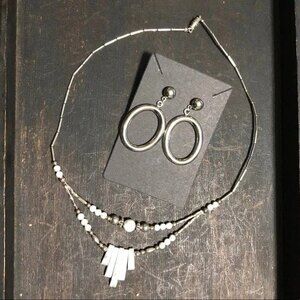 Silver Marble Beaded Necklace & Earrings Handmade Silver Tone